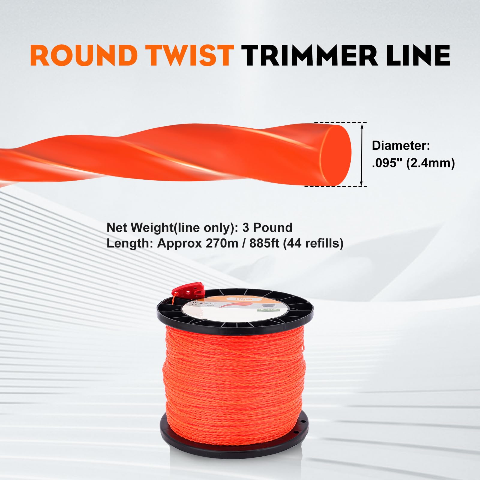 Hipa 095 Inch Trimmer Line,2.4mm/ 0.095" Weed Wacker Eater String, Commercial Grade Round Nylon String Trimmer Line Replacement for String Trimmer Weed Trimmer 3LB, Orange - Image 3