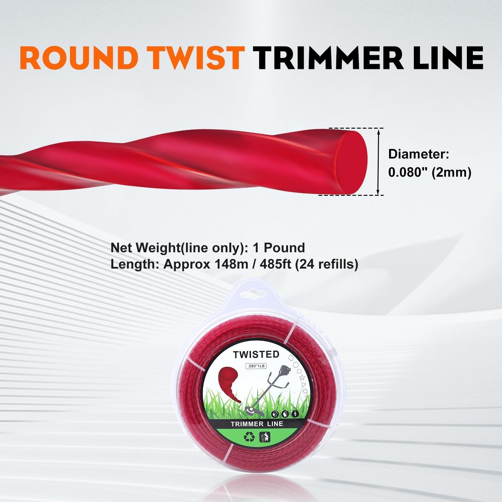 Hipa 1-Pound .080” Trimmer Line Heavy Duty, Commercial Round Twist String Trimmer Line, Weed Eater String 0.080, 2.0 mm/080-Inch by 472-foot, Red - Image 3
