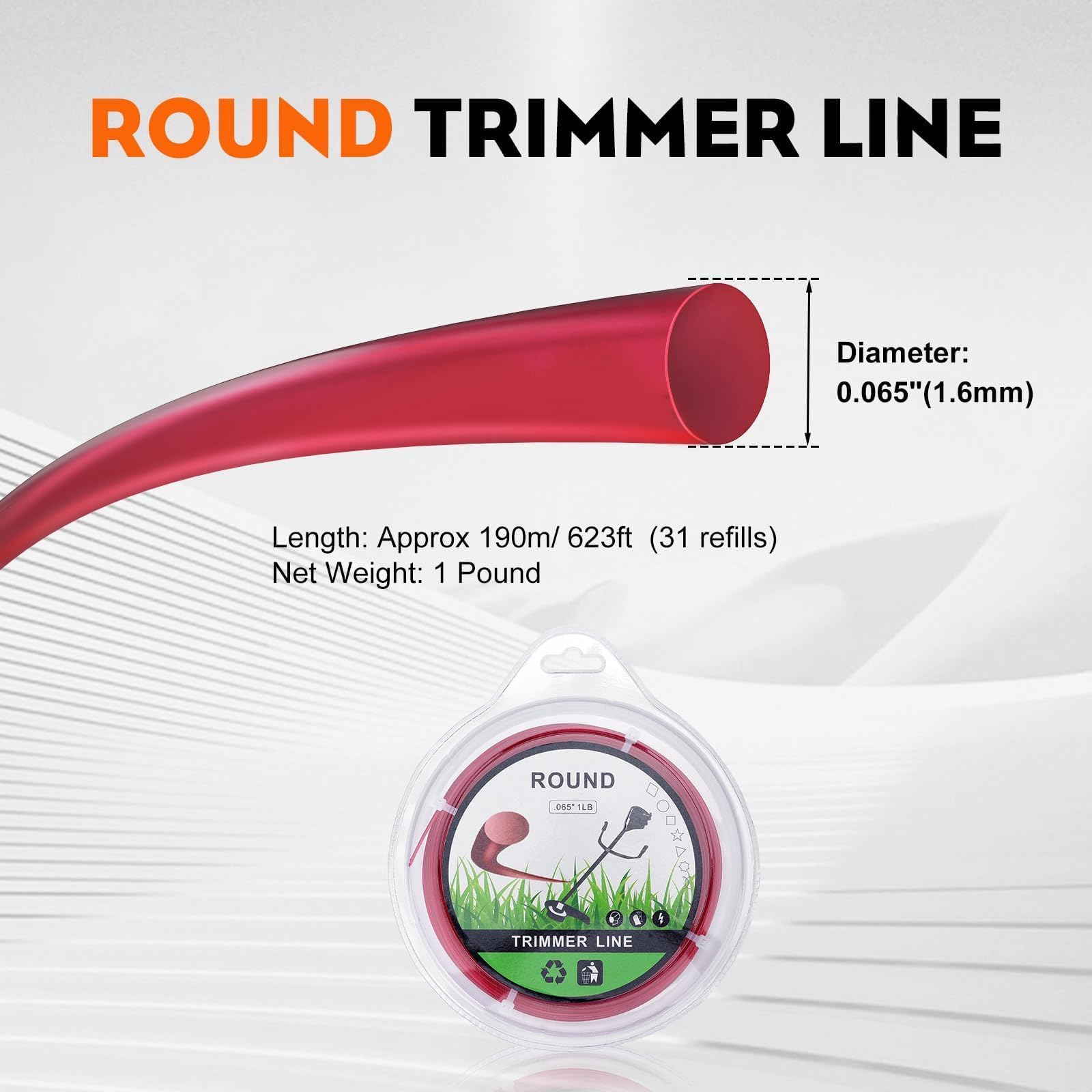 Hipa 1 Pound 1.6mm/ 065 String Trimmer Line 636-Foot Round for Universal Grass Cordless Electric Trimmer Brushcutter Heavy Duty Wire Trimmers Spools 065 Inch Red Trimmer Line - Image 3