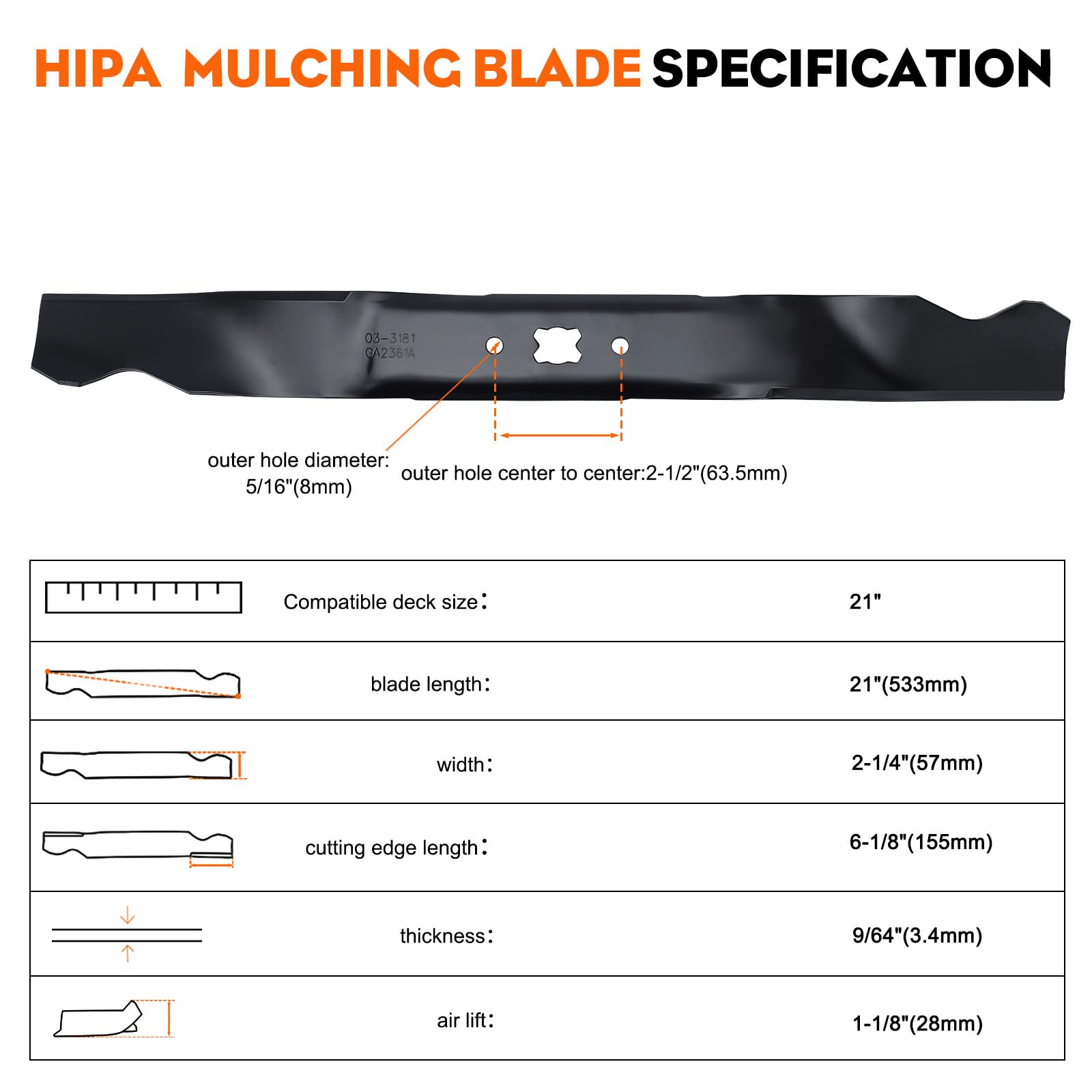 Hipa 942-0741A Mulching Blade for Troy Bilt 21 inch Lawn Mower, TB110 TB240 TB230 TB130 Lawn Tractor,Craftsman Yard Machine MTD Murray 21 inch Deck Riding Mower (After 1995) - Image 8